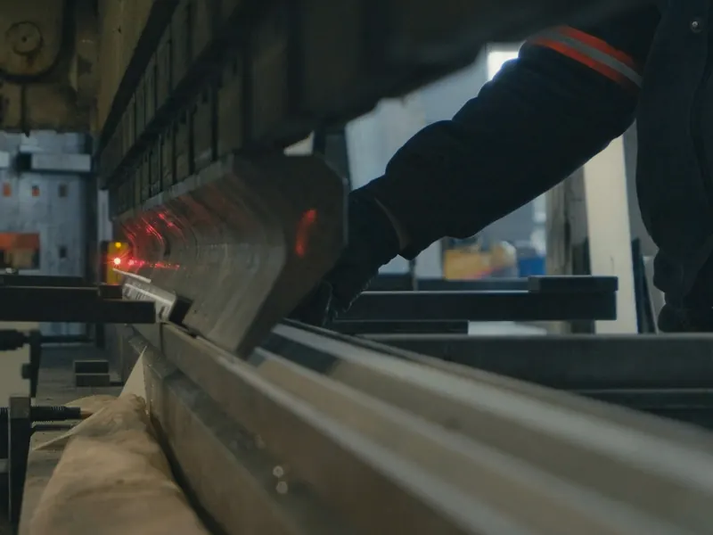 A worker bends a sheet on a press brake.